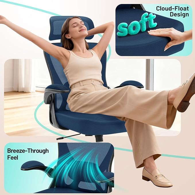 Office Chair - Ergonomic Desk Chair Breathable Mesh Chair with 2D Headrest & Adjustable Lumbar Support - Executive High Back Rolling Swivel Computer Gaming Chair with Wheels Flip-up Armrests - Image 7