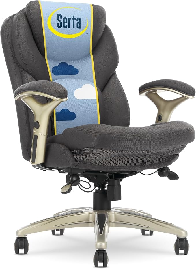 Serta Claremont Executive Office Chair with Back-In-Motion Technology, Ergonomic Mid-Back with Pivot Lumbar Support & Seat, Plush Cushion, Body Pillows, Adjustable Arms, Dark Gray Fabric | Claremont, Adjustable Arms & Height, Foam Seat and Headrest Cus... by Serta