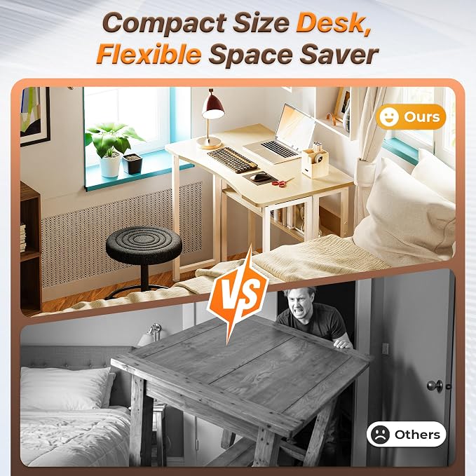 Huuger Folding Desk with Storage Shelf, 31.5 Inch Foldable Computer Table | Writing Work Office Computer Desk for Small Spaces, Space Saving Sofa Table for Couch, Easy to Fold, Oak - Image 3