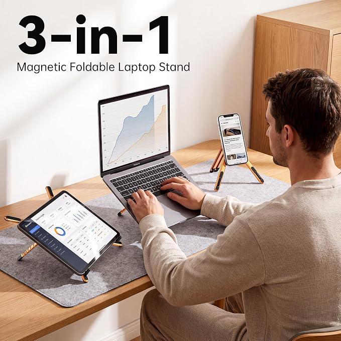 Portable Laptop Stand, 3-in-1 Magnetic Foldable Adjustable, for Desk | Aluminum alloy, lightweight compact, 8-level height, ergonomic, for phone/tablet, home office/travel - Image 2