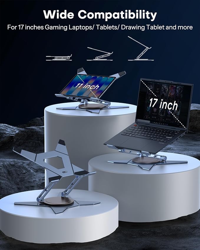 OMOTON Heavy Duty Laptop Stand, 33 lbs Gaming Laptop Riser, 360° Rotating | Aluminum Alloy, 11-17" Gaming Laptop, Height Adjustable, 360° Rotating, Thick Dual Arms, Anti-Slip, Ergonomic, Sturdy - Image 4