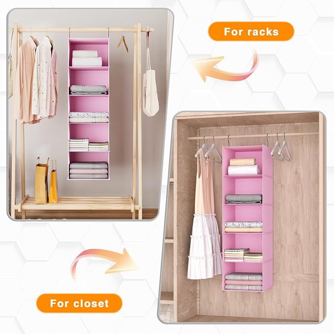 Hanging Closet Organizer 5-Shelf, Oxford Fabric Wardrobe Storage, Pink | Easy-mount foldable design holds clothes, handbags, shoes & accessories; washable Oxford fabric, sturdy and space-saving. - Image 5