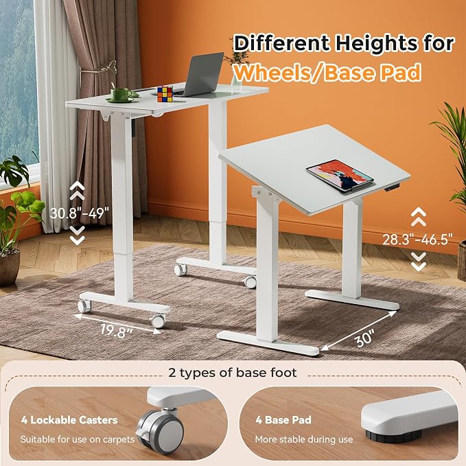40" Glass Drafting Table, 90° Tilt Height Adjustable Standing Desk | White Foldable Whole-piece Electric Rising Table with 4 Lockable Wheels, Mobile Laptop Cart for Working, Drawing, Crafting - Image 3