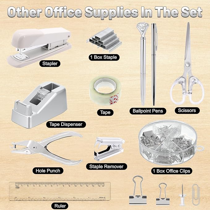 13-in-1 Office Desk Organizer Set for Back to School Supplies Accessories | Organizer Set with Stapler and Tape Dispenser, Pen Holder, Scissors, Ruler, Hole Punch, 2 Pens & More Desk Supplies - Image 3