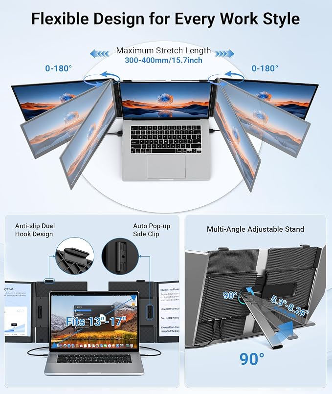 14" Triple Laptop Screen Extender, 2.2lb Ultra-Thin Portable Monitor | FHD 1080P IPS, Plug & Play USB-C/HDMI, Travel Monitor for 13”-17” Laptops, Compatible with Windows, Mac, Android, Chrome - Image 9