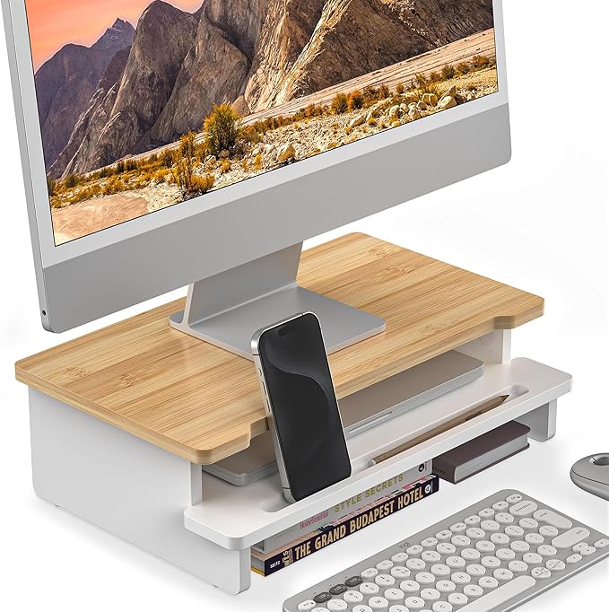 16.5” Bamboo Monitor Stand with Phone & Tablet Holder Desk Shelf | Monitor Riser for 36-48 Inch Desk Cozy Computer Setup Workplace Organizer Keyboard Storage Ergonomic White & Natural Bamboo by WELLWENG
