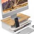 16.5” Bamboo Monitor Stand with Phone & Tablet Holder Desk Shelf | Monitor Riser for 36-48 Inch Desk Cozy Computer Setup Workplace Organizer Keyboard Storage Ergonomic White & Natural Bamboo by WELLWENG