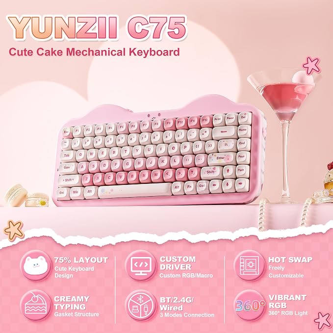 YUNZII C75 Cute 75% Wireless Mechanical Keyboard (Pink, Candy Switch) | Creamy Cake Keyboard, BT5.0/2.4G/USB-C, Hot-Swap, NKRO, PBT MOA Keycaps,5500mAh RGB Gasket Mount for Mac/Win/Gaming/Office - Image 2
