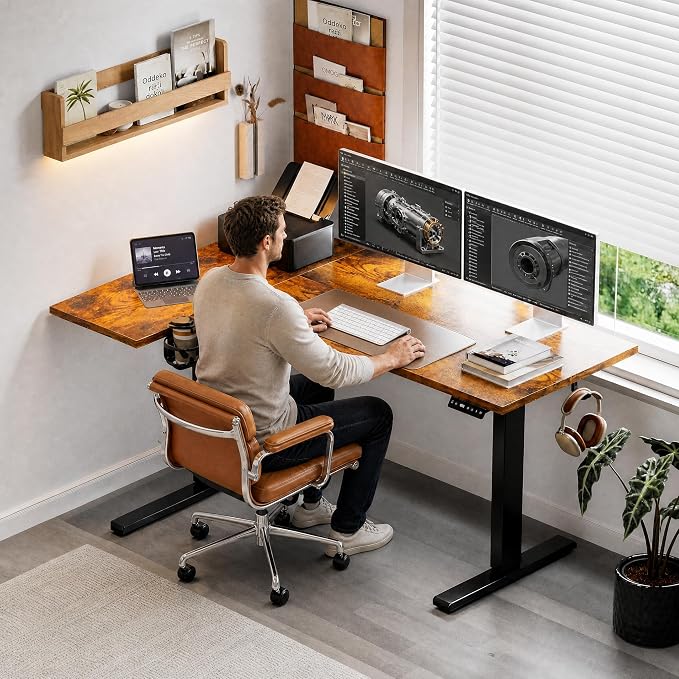 Muvai 71 Inch L Shaped Standing Desk Adjustable Height with Cable Management Tray,Gaming Electric Corner Standing Desk, Sit Stand Computer Table with Reversiable Splice Board, Rustic Brown - Image 2