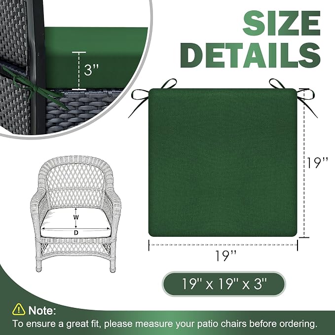 Outdoor Chair Cushions Set of 4, 19x19x3Inch Waterproof & Fade Resistant Patio Furniture Seat Cushions with Ties, Square Outdoor Dining Chair Cushions for Lawn, Garden, Deck&Yard, Forest Green - Image 2