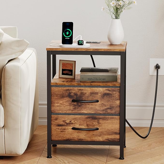 OLIXIS Nightstand with Charging Station, Beside Table with Fabric Drawers | 3-Tier End Table with Storage Shelf, Night Stand with USB Ports and Outlets for Bedroom, Rustic Brown - Image 5