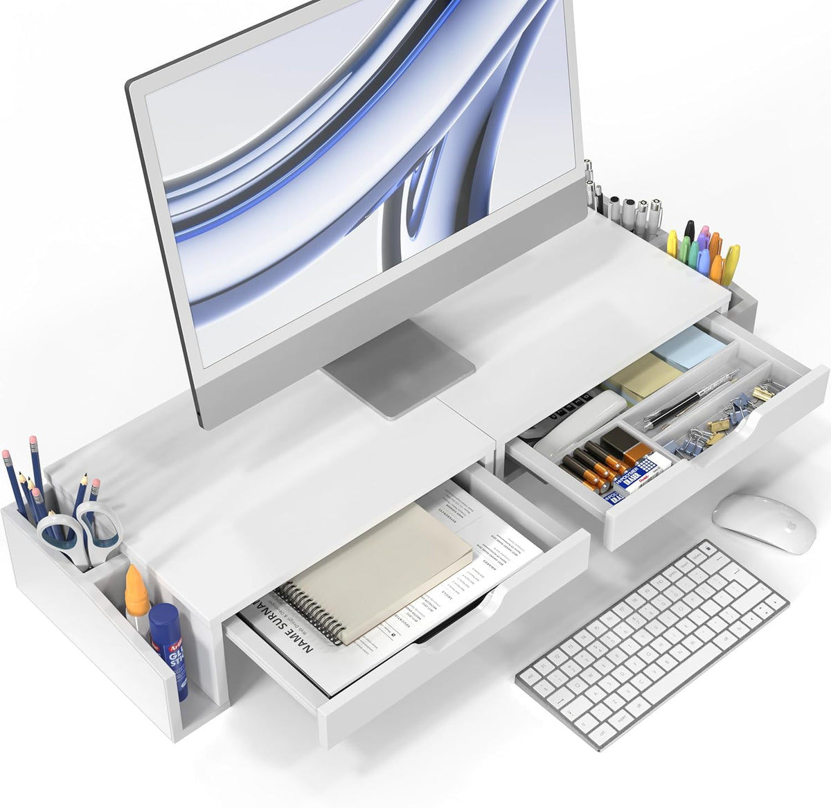 Simple Houseware Desk Dual Monitor Stand Riser with 2 Drawers, White - Image 3