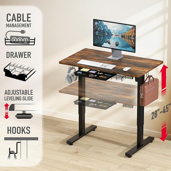 SHW 40-Inch Electric Height Adjustable Standing Desk w/Drawer, Rustic Brown | w/ Memory Presets and Cable Management | Drawer with adjustable compartments | Hanging Hooks - Image 3