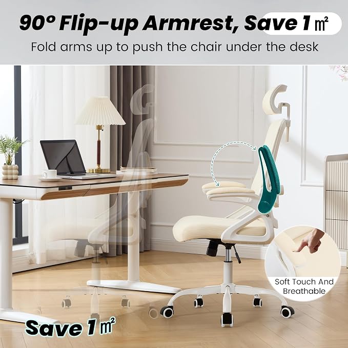 Fizzin Office Chair Mesh Computer Chairs with Adjustable Lumbar Support | Ergonomic Office Chair, Home Office Desk Chairs with Thickened Cushion and Headrest, Comfy Gaming Chair (Buff Beige) - Image 7