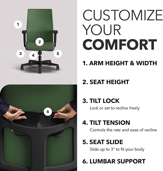 HON Ignition 2.0 Ergonomic Office Chair, Lumbar Support, Desk Chair, Leaf | Ergonomic office desk chair with lumbar support, adjustable arms, office decor, workstation comfort for focused productivity - Image 3