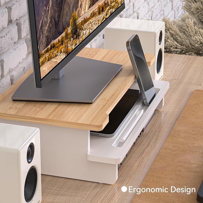 16.5” Bamboo Monitor Stand with Phone & Tablet Holder Desk Shelf | Monitor Riser for 36-48 Inch Desk Cozy Computer Setup Workplace Organizer Keyboard Storage Ergonomic White & Natural Bamboo - Image 3