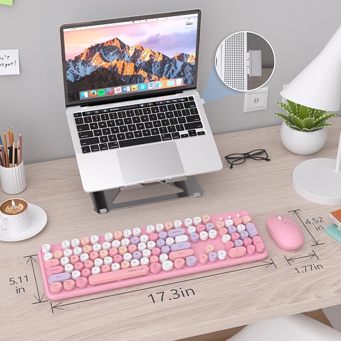UBOTIE Colorful Wireless Keyboard and Mouse Combo (Pink-Colorful) | Retro Typewriter Floating Full-Sized Keys Computer Keyboard with Optical Mouse, 2.4GHz USB Connection for Windows Mac - Image 6