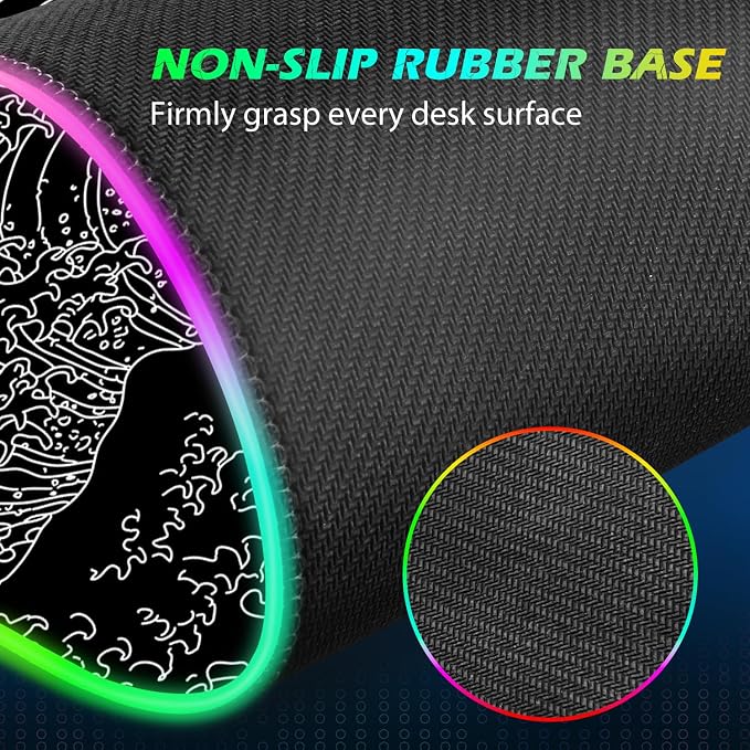 ToLuLu RGB Wireless Charging Gaming Mouse Pad, 7.5/10/15W 10 Light Modes LED Mouse Pad Computer Keyboard Mat Mousepad, 800x300x4MM Extended Large Desk Pad Mat, Japanese Kanagawa Sea Wave Black White - Image 5