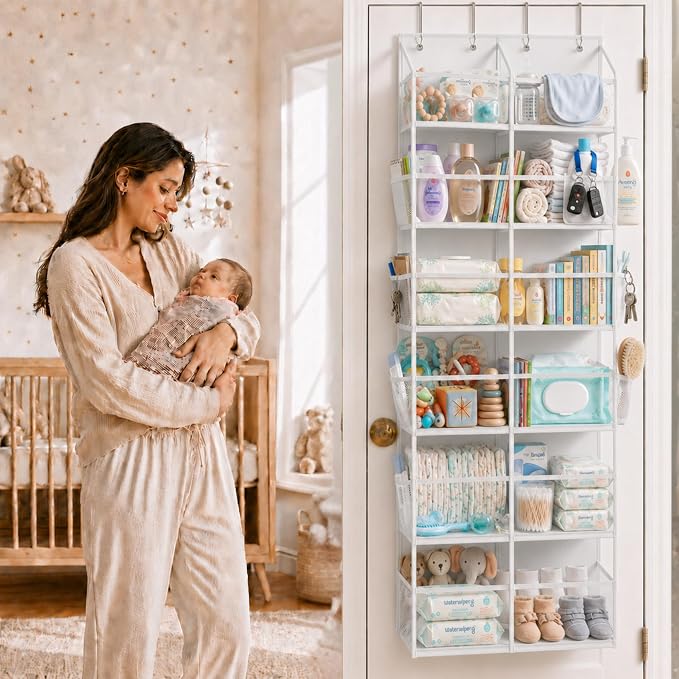HOMELUX THEORY Over the Door Organizer, 6-Tier XL, 100D Fabric, Transparent | Extra wide over the door organizer, 65 lb capacity, 12 side mesh pockets, heavy-duty 100D fabric, bedroom & nursery storage - Image 2