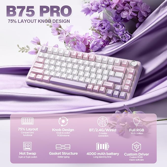YUNZII B75 PRO 75% Wireless Mechanical Keyboard (Purple, Milk Switch) | Hot Swap Keyboard with Knob, Gasket Mount, Creamy Pre-lubed Switch for Smooth Typing, BT/USB-C/2.4G, for Gaming - Image 2