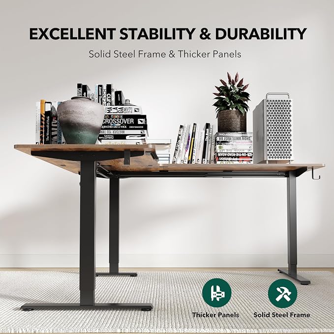 FEZIBO 63" x 55"L Shaped Standing Desk Adjustable Height, Electric Stand up Corner Computer Desk, Sit Stand Home Office Desk with Splice Board, Vintage-Brown - Image 5