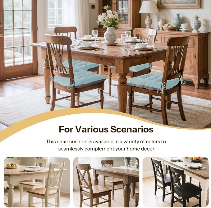 Chair Cushions for Dining Chairs Set of 4, 18"x18"x3", Aqua Blue | Non-Slip with Ties, Tufted, Faux Linen, Seat Cushions for Dining Room Kitchen Breakfast Nook Indoor Home Office Living Room - Image 5