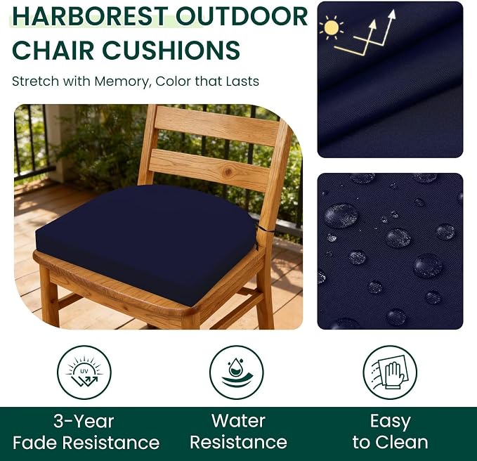 HARBOREST Outdoor Chair Cushions Set of 2, Water Resistant Patio Chair Cushions with Ties, Outdoor Seat Cushions for Patio Furniture, 17"x16"x2", Navy - Image 2