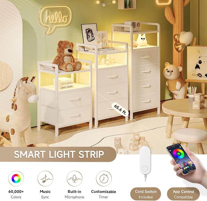 Lazzanto Nightstand with Rear Charging Station, LED Light, 2 Drawers, White | Industrial Nightstand, 2 USB-A Ports & AC Outlets, Raised Back Guard, Fabric Storage Drawers, Bedside Table for Bedroom, Dorm - Image 4