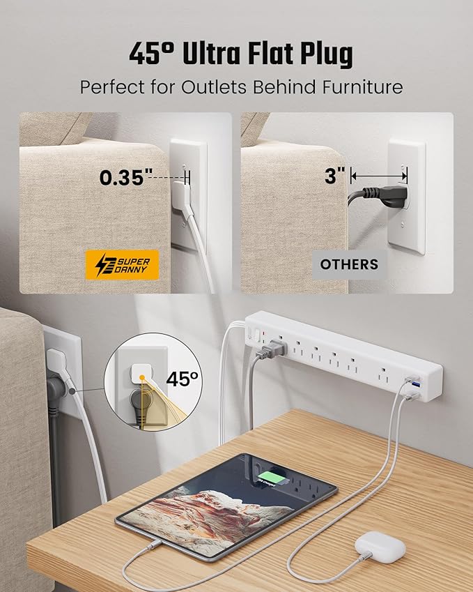 SUPERDANNY 6Ft Thin Extension Cord, Flat Plug Surge Protector Power Strip | Charging Station with 6 Outlets & 3 USB Ports, Wall Mountable Outlet Extender for Home, Office, College Dorm Room Essentials - Image 3