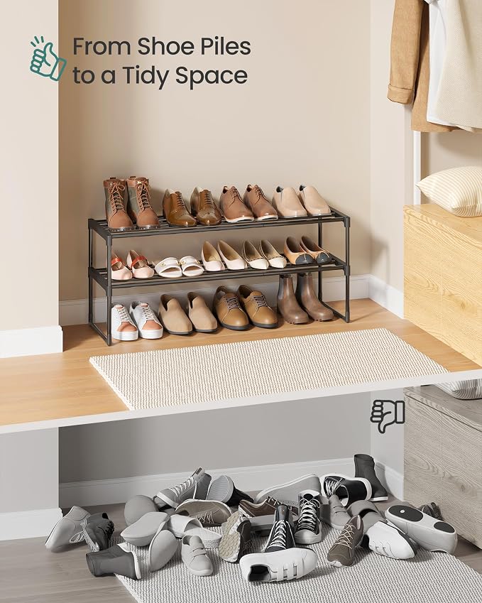 SONGMICS Shoe Rack, 2-Tier Shoe Organizer, Metal Storage Shelf | for Entryway, Upright or Upside Down, for 12-15 Pairs, Stackable, 11.8 x 36.2 x 14 Inches, Black ULSA12BK - Image 9