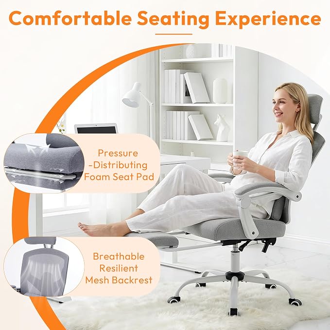 Ergonomic Office Chair with Footrest, Comfortable Desk Chair Gaming Chair | Leg Rest, Swivel Mesh Desk Chair with Headrest and Lumbar Support for Home, Office, Work, Study, Grey - Image 4