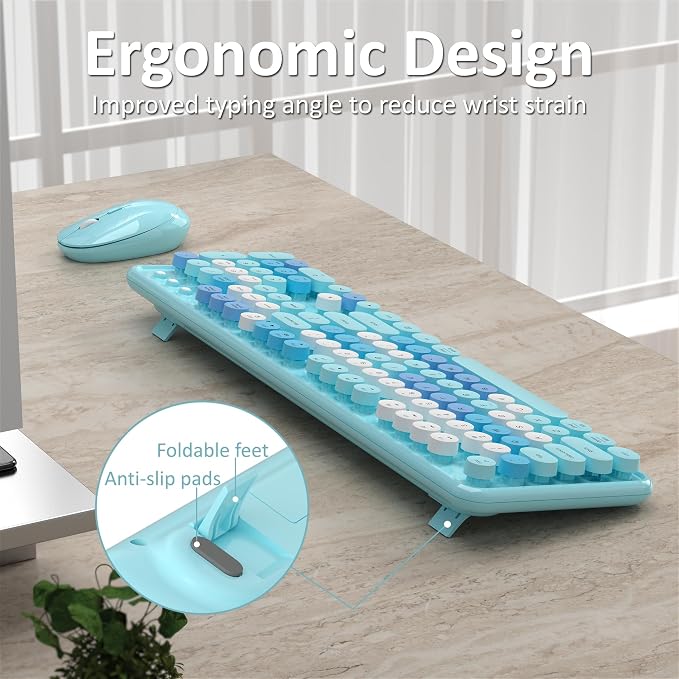 Links9+ Colorful Wireless Keyboard and Mouse Combo (Blue Colorful) | Full-Size Retro Typewriter Style Keyboard with Vintage Round Keycaps, 2.4G Wireless Set for Windows, Mac, Laptop, PC, Tablet - Image 3