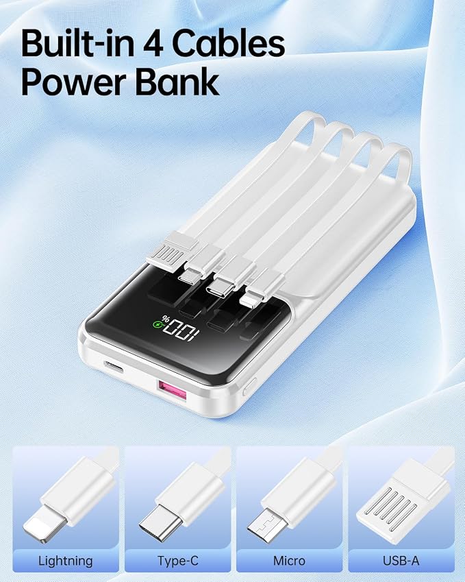 Portable Charger Power Bank with Built in Cable 20000mAh Fast Charging | Power Bank USB C Slim 22.5W LED Display Battery Pack 5 Outputs & 3 Inputs for Travel Essentials iPhone Samsung Phones White - Image 2