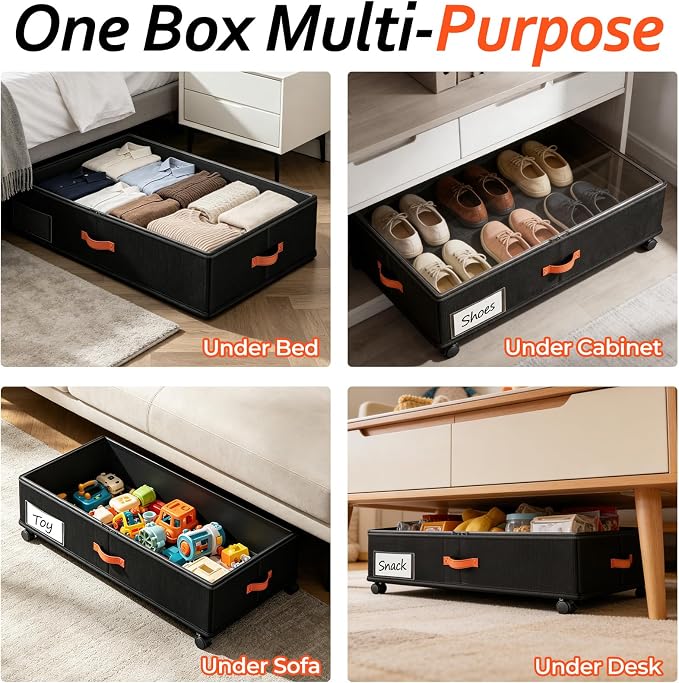 Scilulu Under Bed Storage with Wheels 4-Pack, 66L, 30" L x 16.2" W x 7.5" H | Rolling under bed drawers with sturdy frame, clear lids; underbed containers store clothes, shoes, blankets, toys & holiday - Image 8
