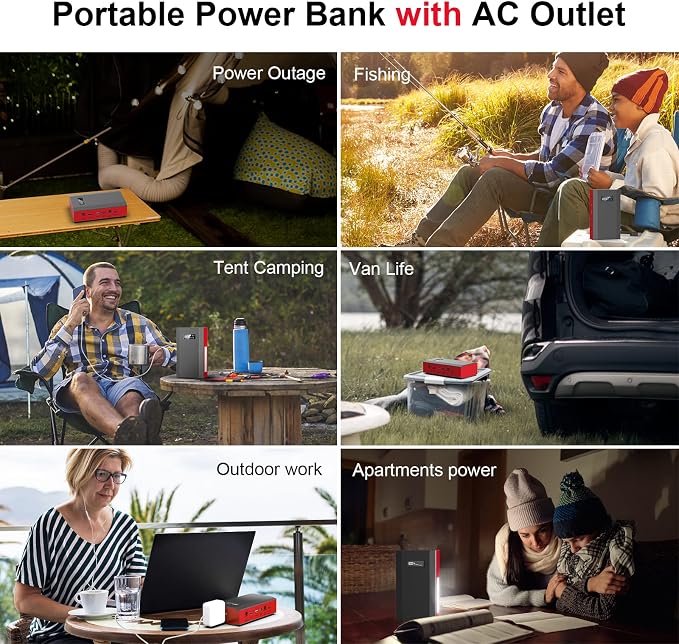 Portable Power Bank with AC Outlet, 65W Portable Laptop Charger Backup | 110V External Battery Power Pack Fast Charging Power Source for Outdoor RV Tent Camping Home Smart Device Emergency -Grey Red - Image 8