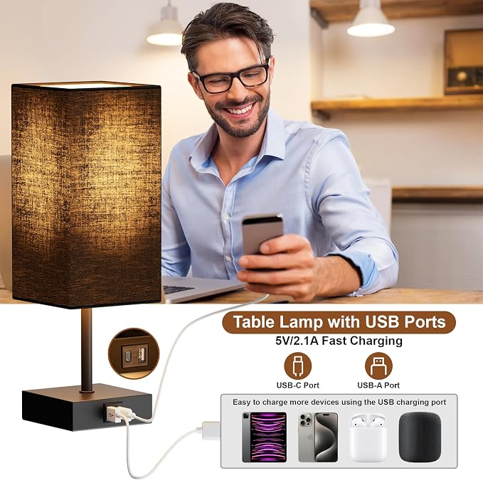 Touch Bedside Table Lamp for Bedroom, 14-Inch, Black, Set of 2 | USB A+C Ports, Touch 3-Way Dimmable LED Bulb Included Fabric Lampshade Metal Base Small Nightstand Lamp for Desk Living Room - Image 3