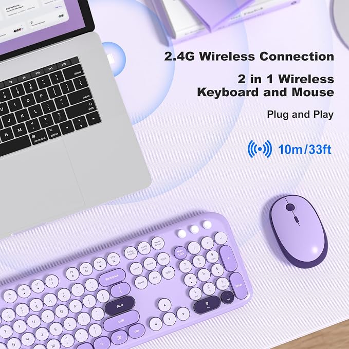 MOFII Wireless Keyboard and Mouse Combo, 2.4GHz Retro Typewriter Keyboard Full Size and Silent Mouse, 2-in-1 USB Receiver Plug and Play, for Laptop, PC, Desktop, Windows (Violet) - Image 2