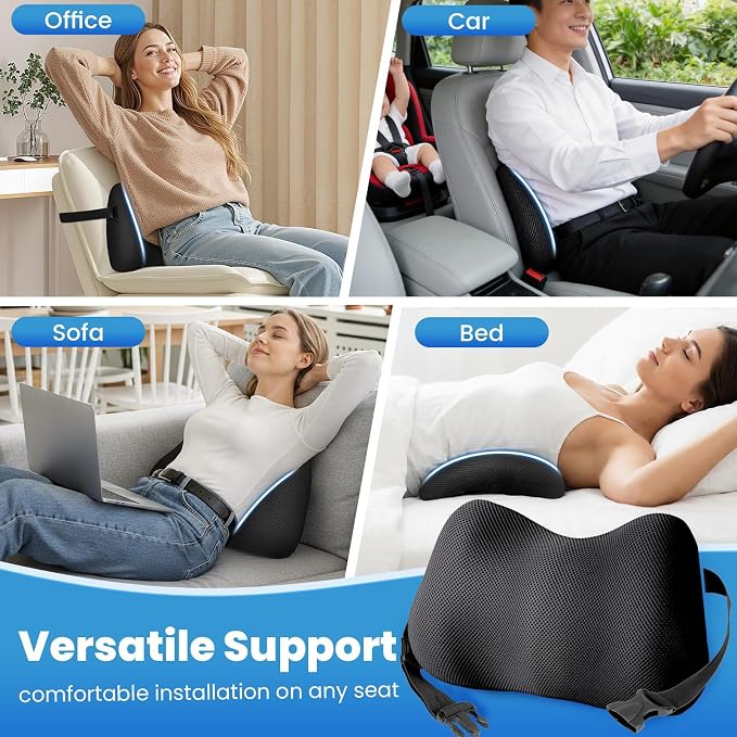 Lumbar Support Pillow, Memory Foam Back Cushion for Office Chair Car, Black | Ergonomic Lower Back Support with Adjustable Strap, Breathable Removable Cover for Couch, Wheelchair and Daily Comfort - Image 6