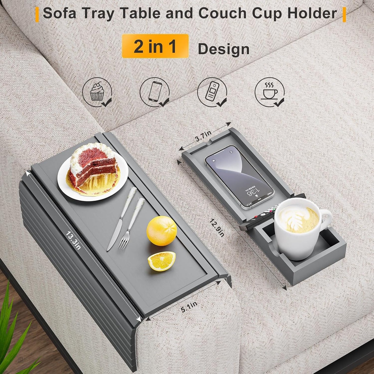Bamboo Couch Armrest Table with Detachable Cup Holder Tray (Gray) - Image 3