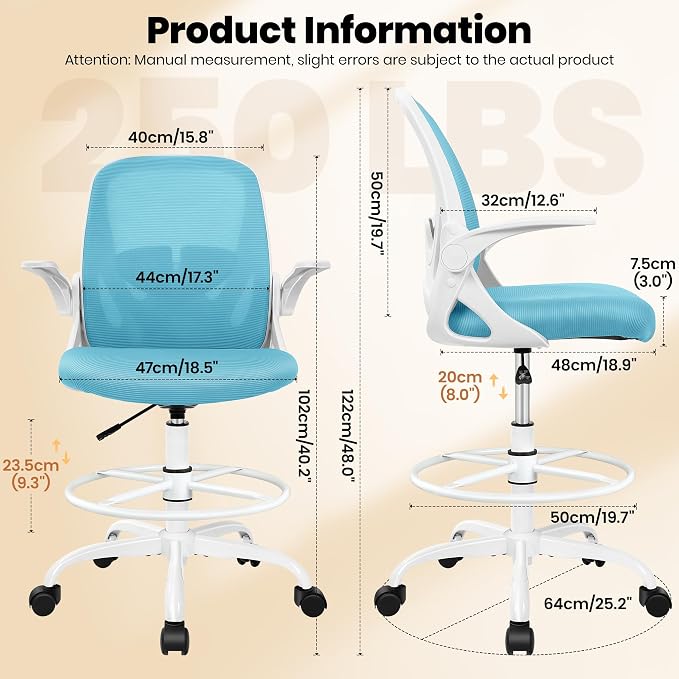 Drafting Chair Tall Office Chair with Flip-up Armrests Executive Ergonomic Computer Standing Desk Chair with Lumbar Support and Adjustable Footrest Ring（Blue） - Image 3