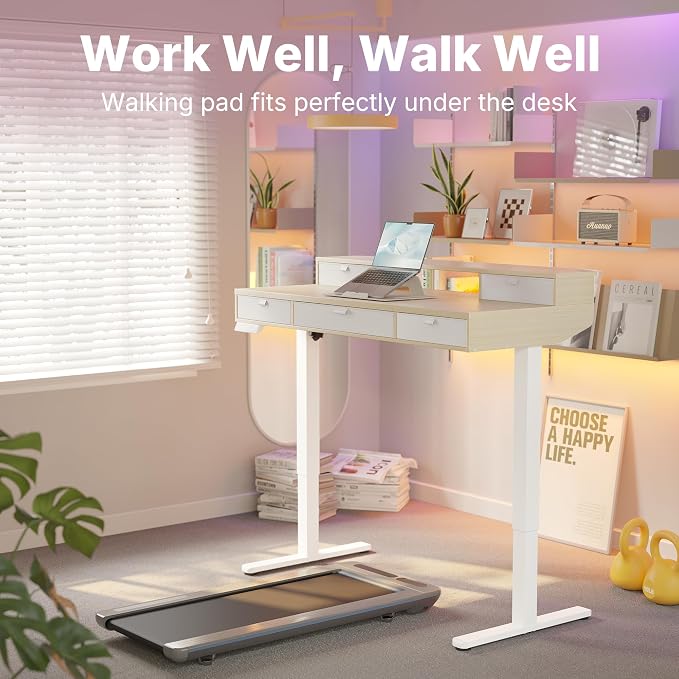 HUANUO 40 x 24 Inch Electric Standing Desk with 4 Drawers, Natural | 4 Drawers For Organized Storage, Raised Monitor Shelf, C-Clamp Mount Support, 4 Memory Presets, 28.3–46.5 Inch Height Range - Image 7