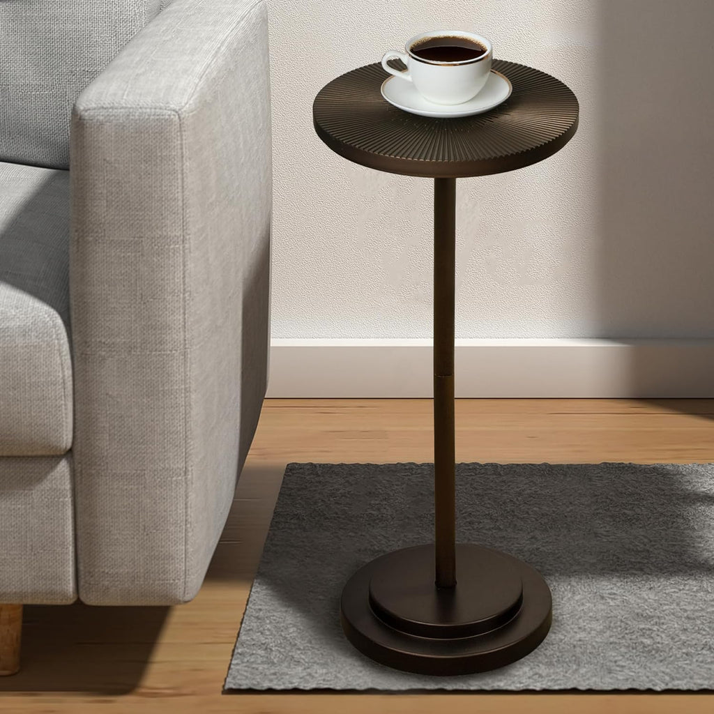 COVLON Drink Table, Carved Table Top Martini Table, Small Side Table, Weighted Base Pedestal Table for Living Room, Bedroom, Bathroom, Brown by COVLON