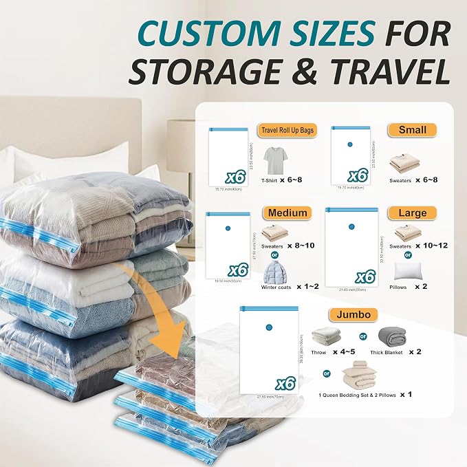 Vacuum Storage Bags with Hand Pump, Vacuum Seal Space Saver Bags,30 Combo | 80% Space-Saving Bags for Clothing, Blankets, Pillows, Bedding & Comforters; Multi-Size Variety Pack for Home & Travel - Image 3