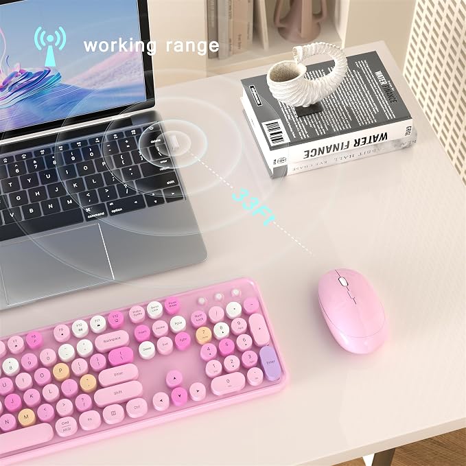 Colorful MPTOG Wireless Computer Keyboard and Mouse Combo (Pink-Colorful) | Retro Round Typewriter Keycaps, Power Switch, Ergonomic Design, 2.4GHz Wireless for Windows, Mac, PC - Image 4