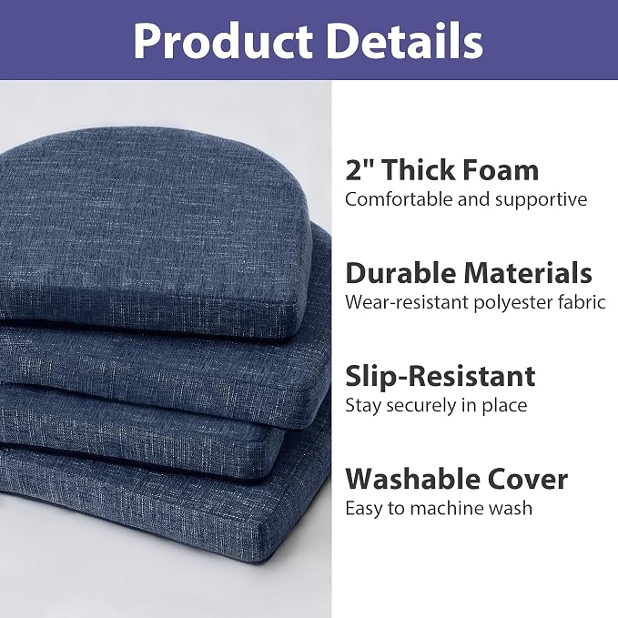 IPYNBAP Chair Cushions for Dining Chairs, Kitchen Chair Cushions, 16'' x 16'' x 2'', Non Slip Indoor Seat Cushions, Chair Pads for Dining Chairs with Ties & Removable Cover, Set of 6, Navy - Image 2