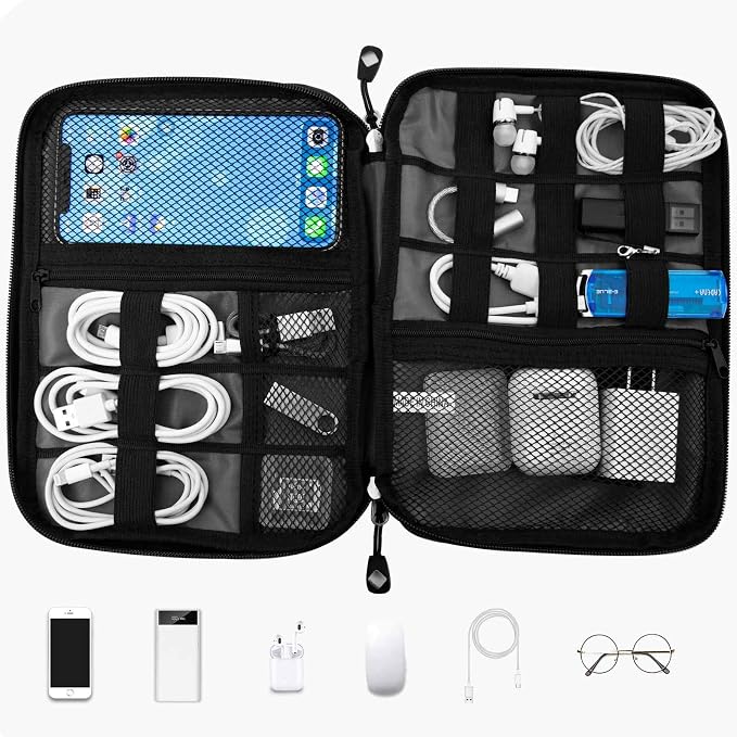 Travel Cable Organizer Bag Waterproof Portable Electronic Accessories Organizer for USB Cable Cord Phone Charger Headset Wire SD Card with 5pcs Cable Ties(Purple) - Image 2