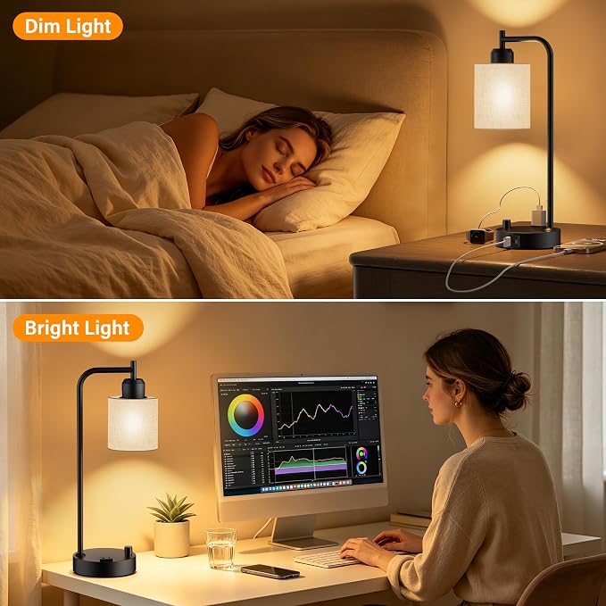 Industrial Table Lamps with Linen Shade, Set of 2 Fully Dimmable Bedside Lamps with USB A+C Ports and Outlet, Black Nightstand Desk Lamps for Bedrooms Living Room Office, 2 LED Bulbs Included - Image 7