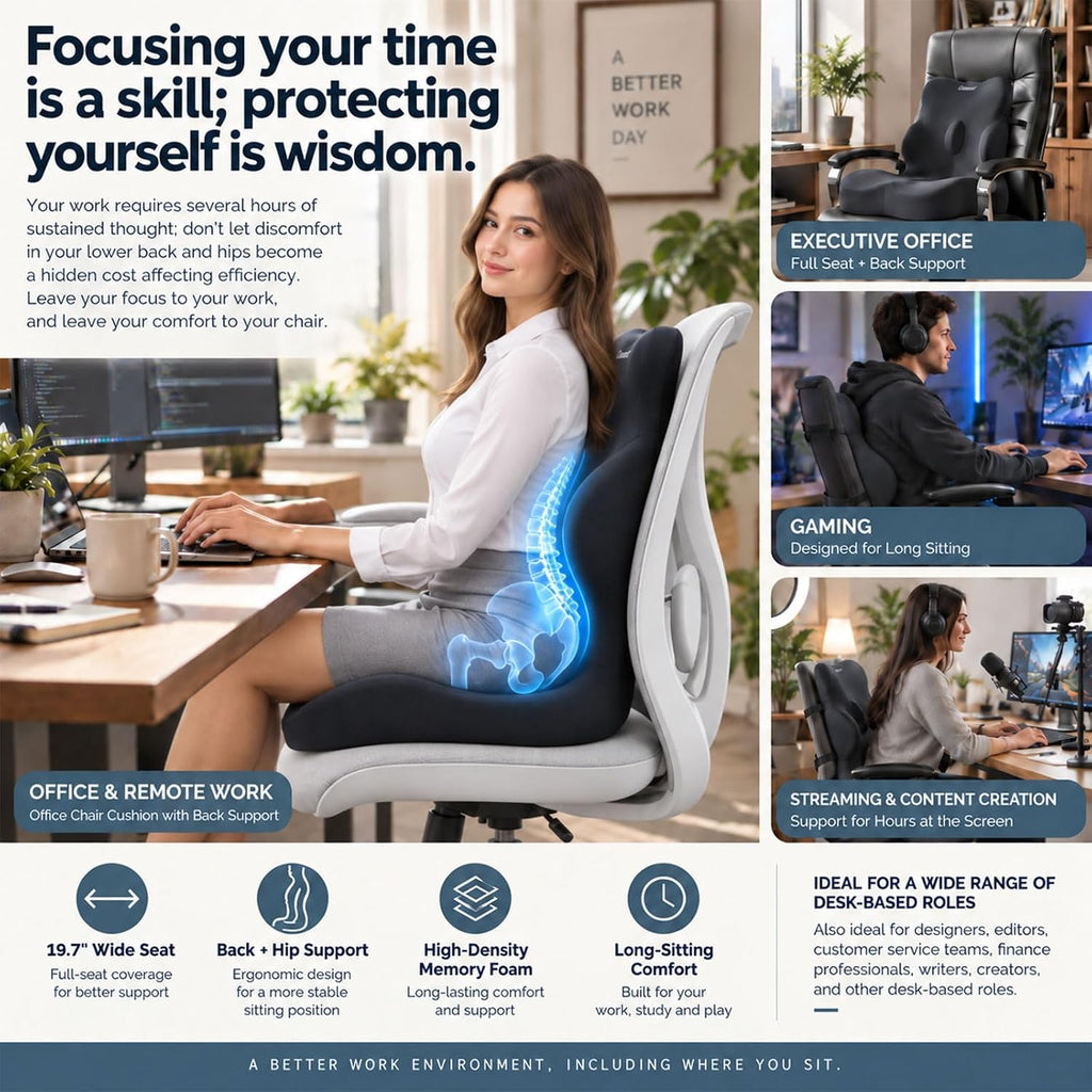 Office Chair Cushion with Back Support, Wide Memory Foam Ergonomic Design - Image 4