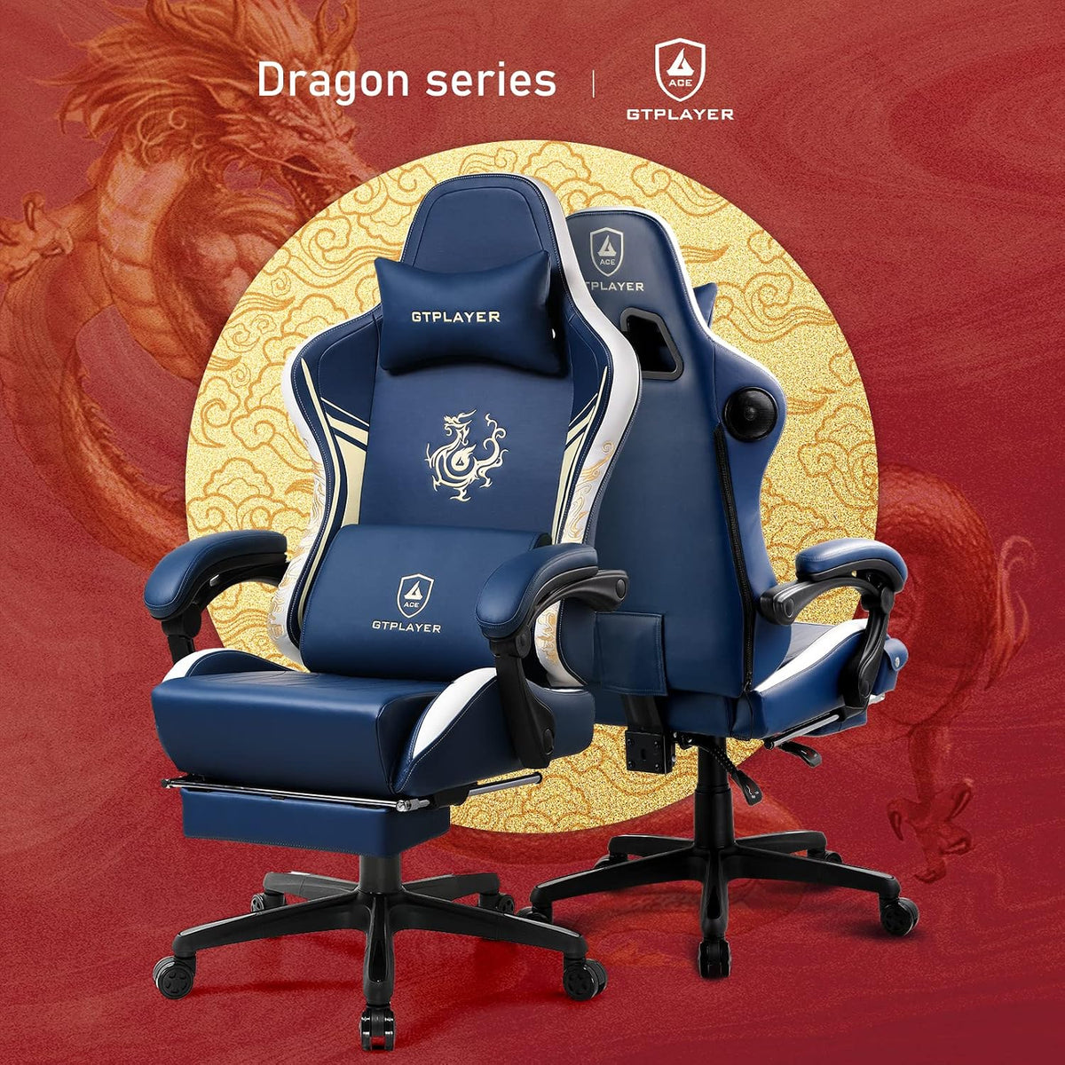 GTPLAYER Gaming Chair with Bluetooth Speakers and Footrest, Dragon Series Video Game Chair ，Heavy Duty, Ergonomic, Esports Computer Office Chair Blue (Royal Blue) - Image 4
