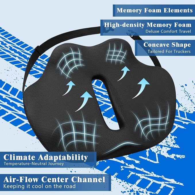 X-Large Truck Seat Cushion for Truck Drivers, Memory Foam Support | Seat Cushion for Long Driving & Sitting, Tailbone Pain Relief, Ergonomic Back Support, Non-Slip Washable Cover for Cars Black - Image 3